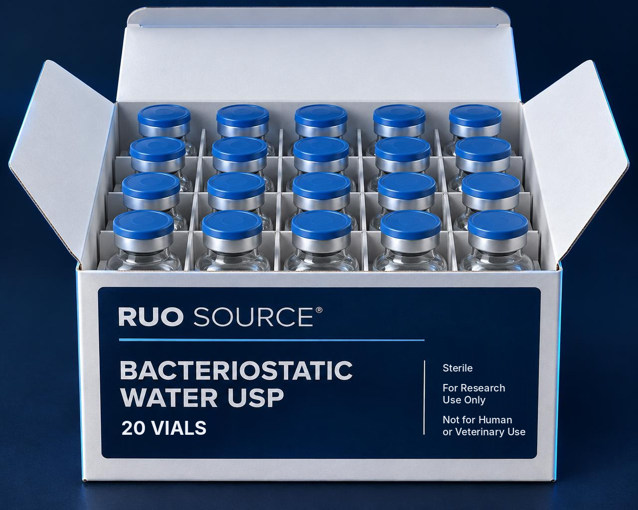 An open shipping carton of 20 RUO Source glass vials in a divider tray
